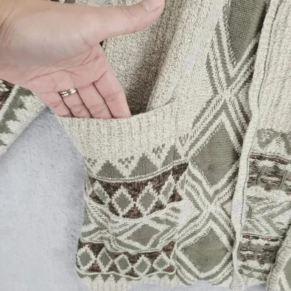 Lucky Brand Womens Cardigan Sweater M Beige Green Geometric Pattern Cotton 6PT - Picture 6 of 7